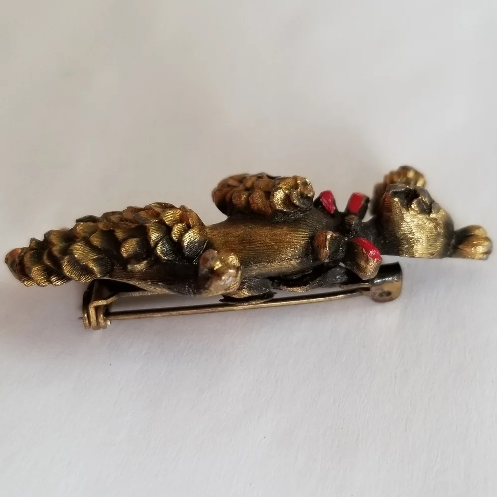 VTG Poodle Goldtone red bow emeral eyes brooch pin